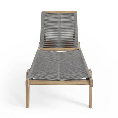 Aureli Hardwood Acacia Reclining Sun Lounger in Light Grey featuring a teak-like wooden frame and woven rope seat, showcasing its elegant design and adjustable comfort for outdoor relaxation.