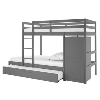 Aron Single Storage Bunk Bed with Trundle in Grey features an upper bunk with guardrails, lower bunk, pull-out trundle drawer, and built-in storage cabinet, all in a compact, space-saving design.