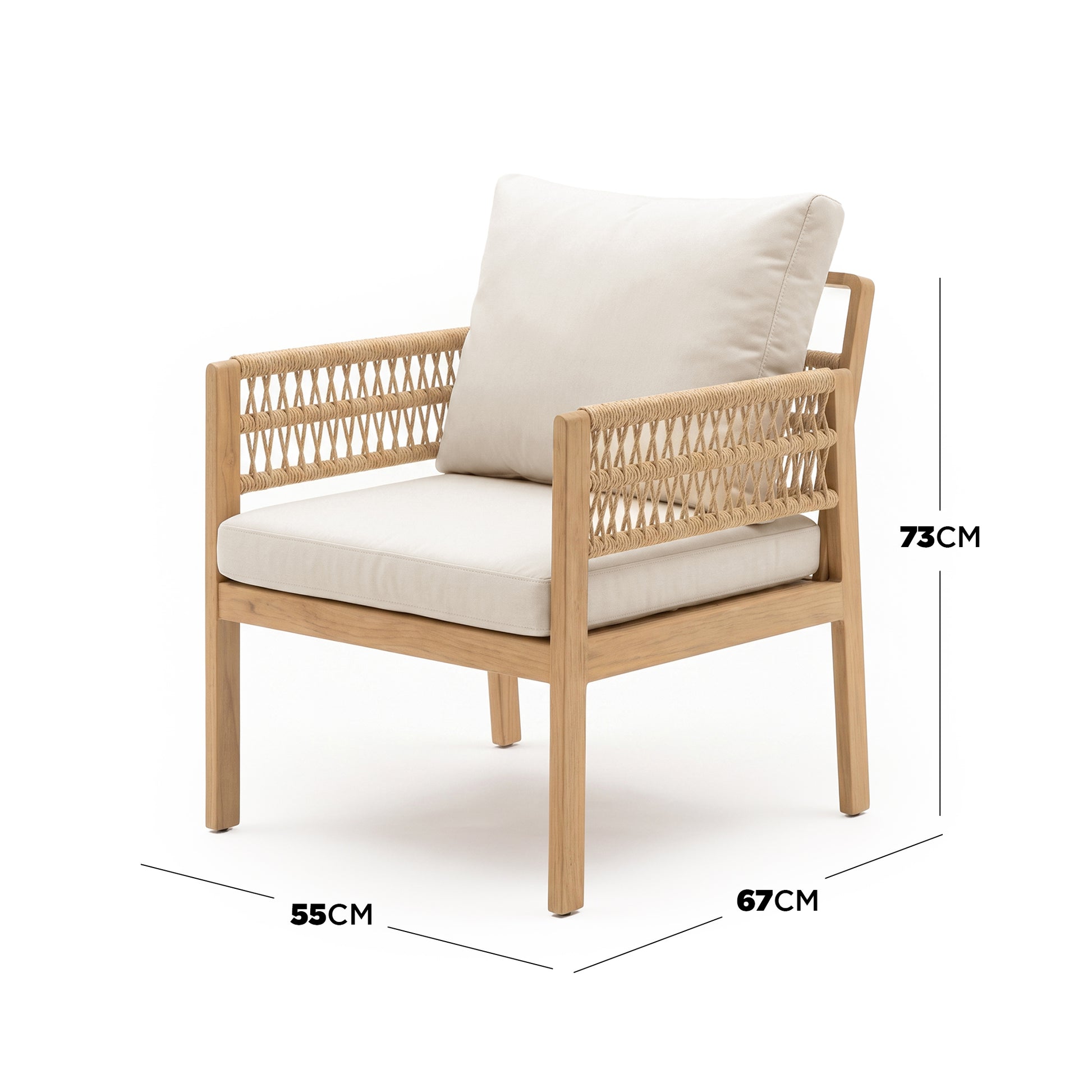 Modern wooden chair with dimensions shown on a white background