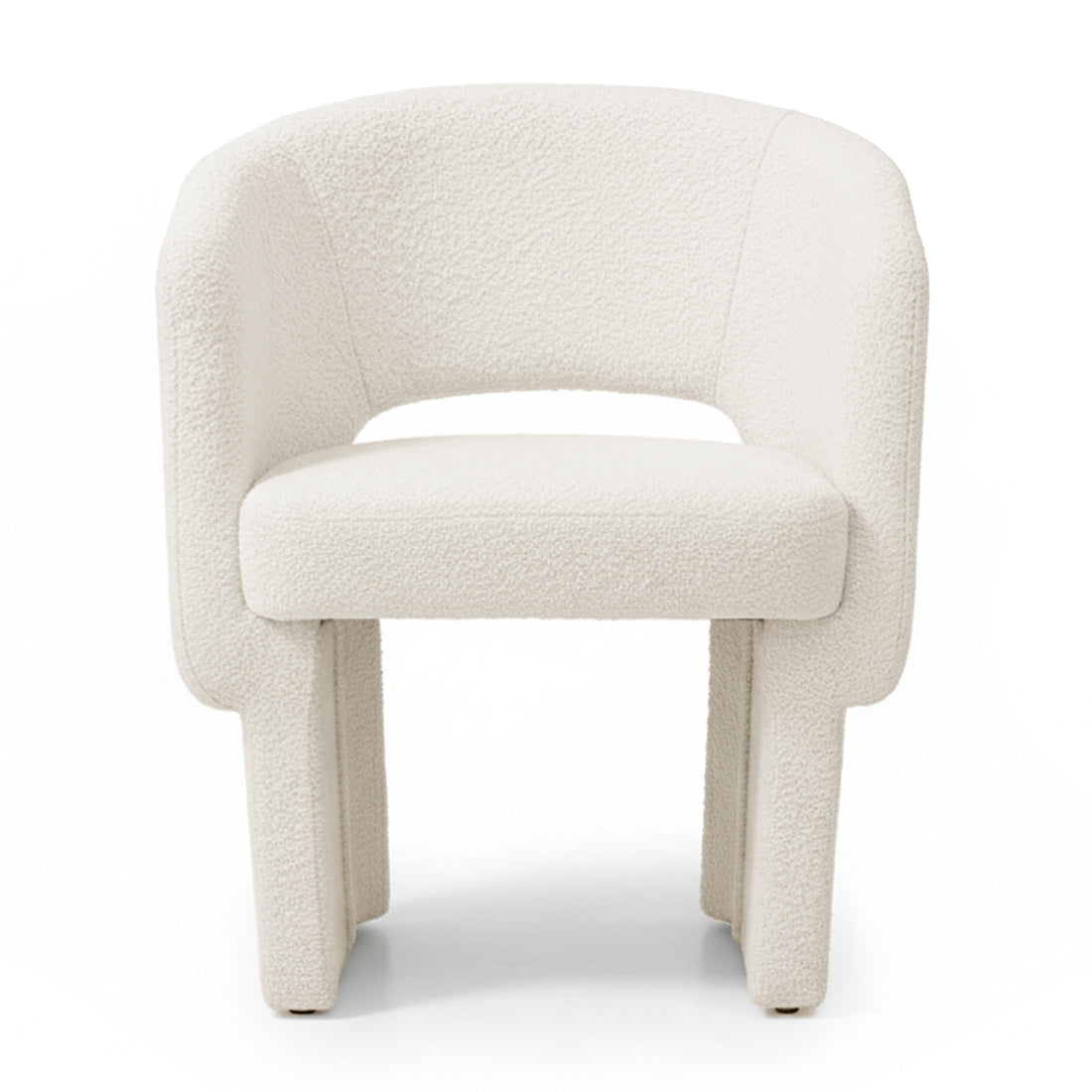 Avela Bouclé Fabric Curved Accent Armchair in Cream White, featuring a modern design with a gently curved backrest and arms, upholstered in textured fabric, supported by four sturdy block-style legs.