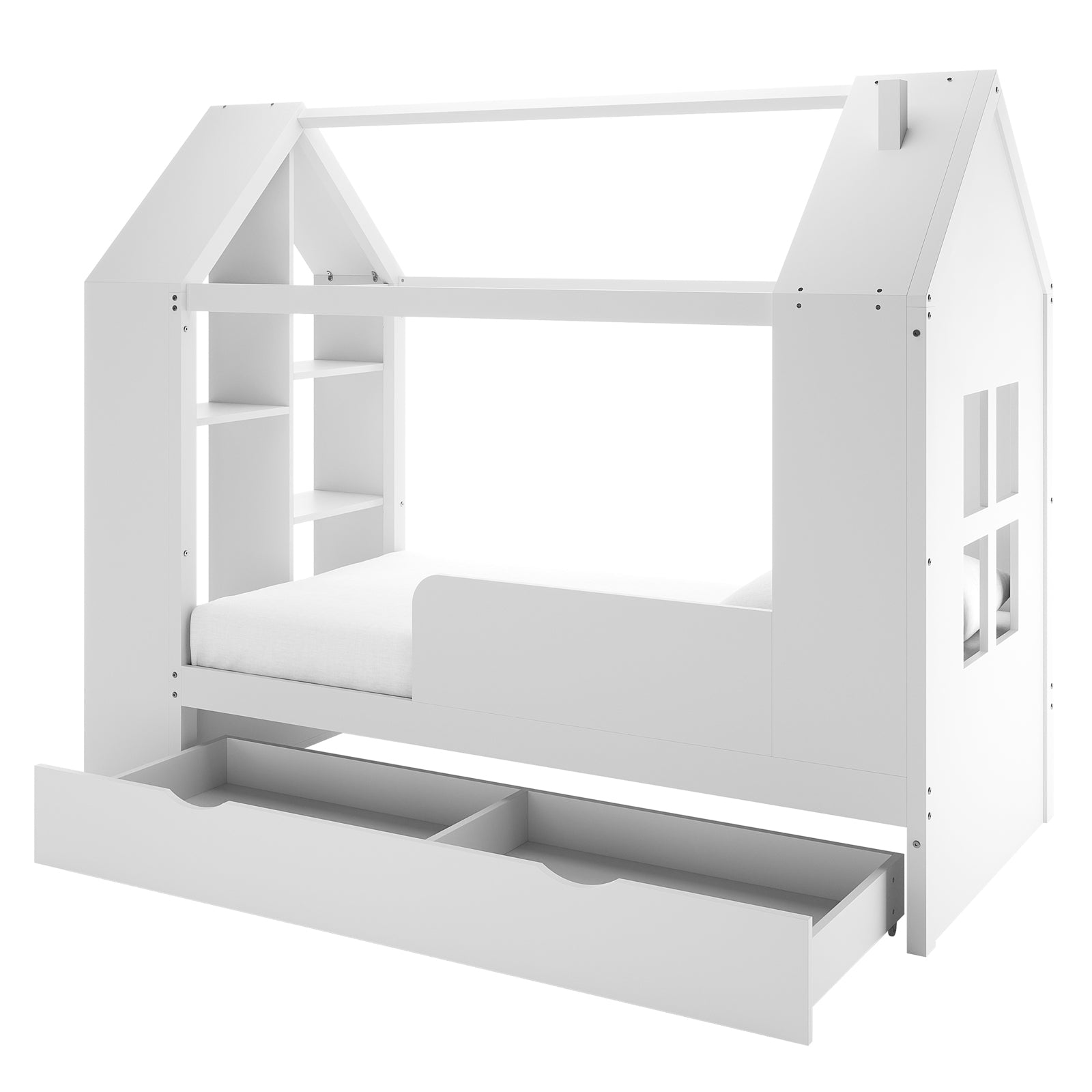 Haron Single Cubby House Bed Storage in White features a house-like frame with pitched roof beams, window-style side panels, a safety rail, built-in shelving, and a large pull-out drawer beneath.