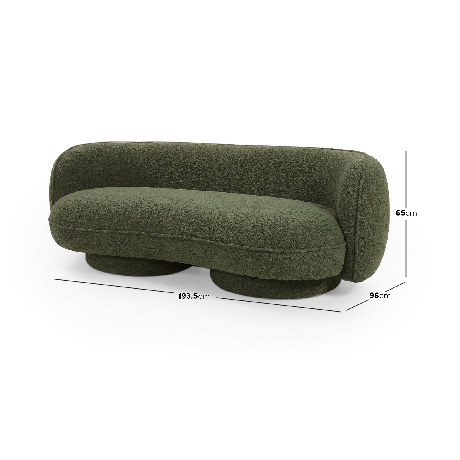 Dark green sofa on white background with dimensions overlay