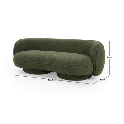 Dark green sofa on white background with dimensions overlay