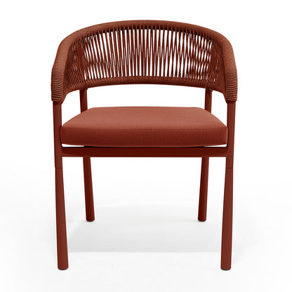 Coastal Outdoor Rope Dining Chairs Set of 2 in Burnt Orange feature a rust-terracotta metal frame, woven rope backrest, and padded upholstered seat, embodying modern coastal style and comfort.