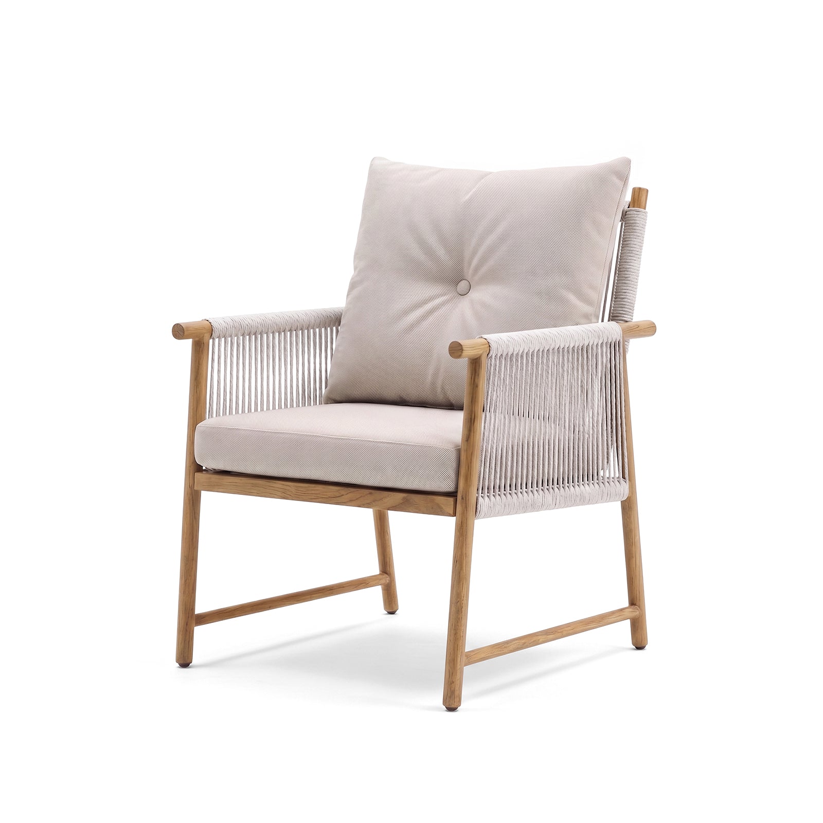 Modern armchair with wooden frame, rope-wrapped armrests, and light cushions on a white background