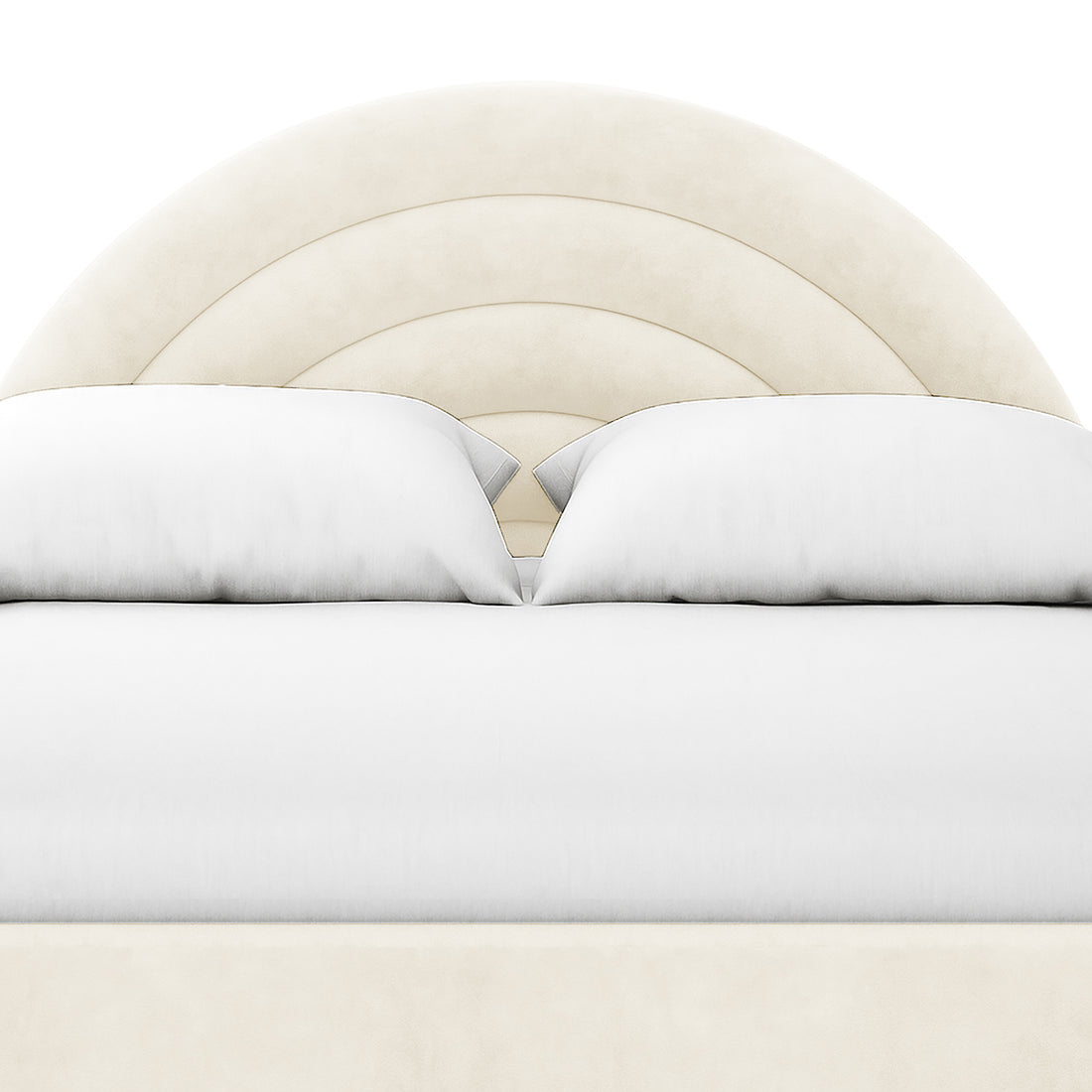 Estilla Velvet Rainbow Bed in Beige features a semi-circular upholstered headboard with concentric arch detailing, crisp white linens, and two pillows, creating a cozy and stylish bedroom focal point.