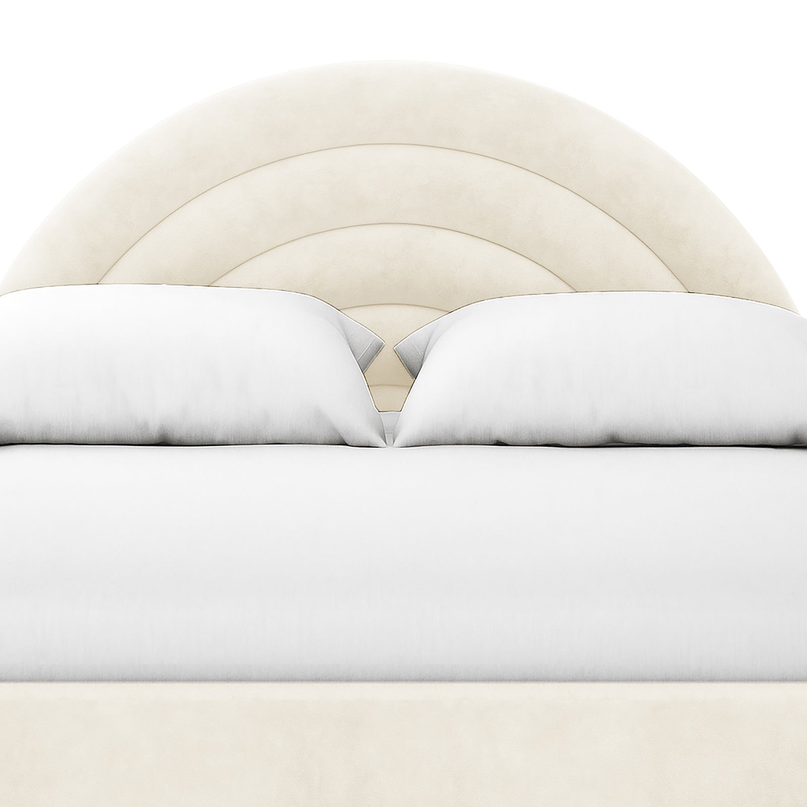 Estilla Velvet Rainbow Bed in Beige features a semi-circular upholstered headboard with concentric arch detailing, crisp white linens, and two pillows, creating a cozy and stylish bedroom focal point.