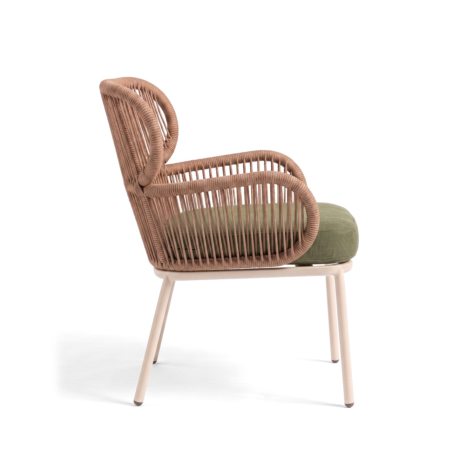 Side view of a woven chair with green cushion on a white background