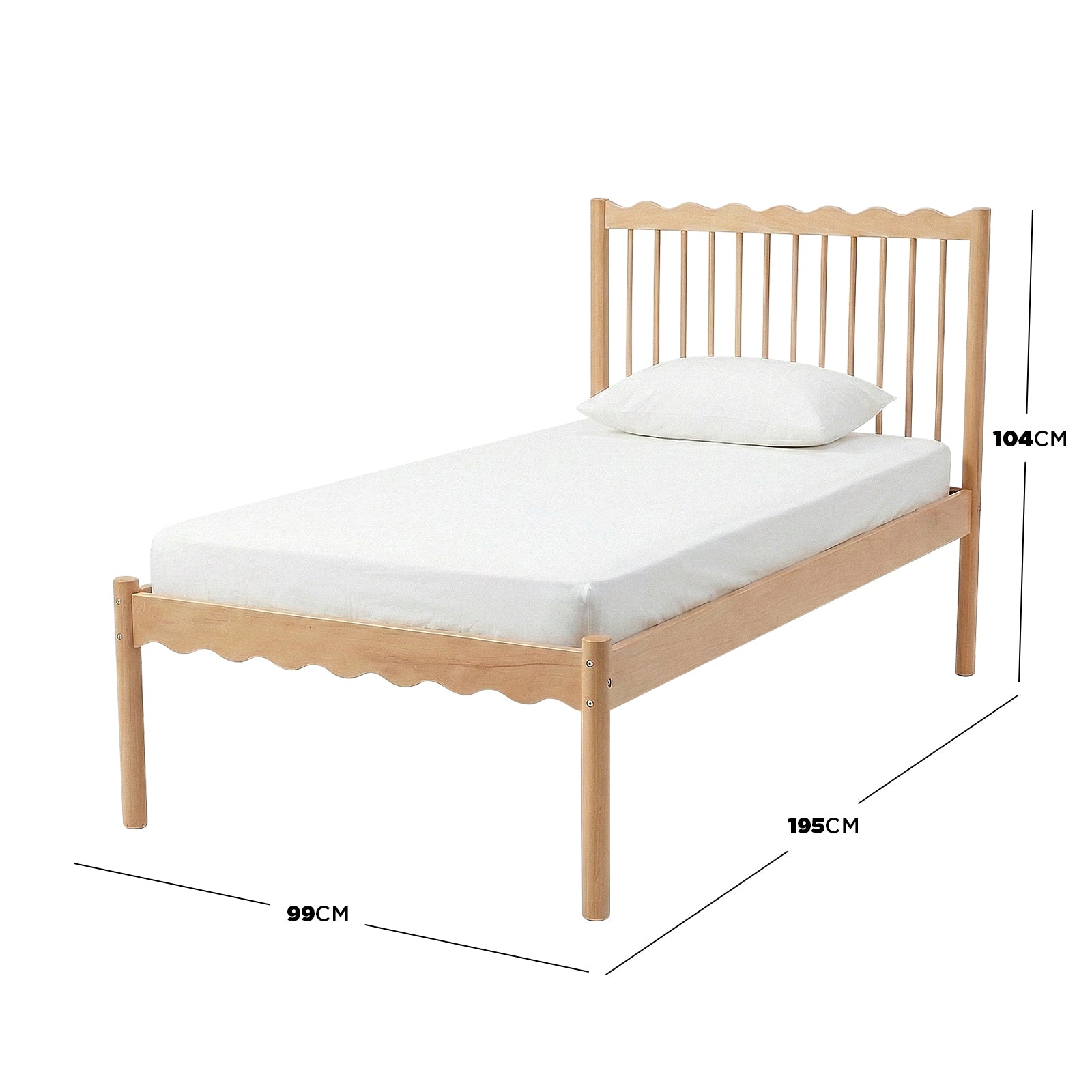 Wooden single bed frame side view with dimension labels 104 cm × 99 cm × 195 cm