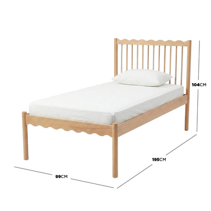 Wooden single bed frame side view with dimension labels 104 cm × 99 cm × 195 cm