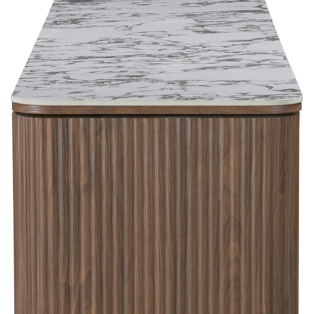 Close-up of the end of a wood cabinet with marble-style top on white background