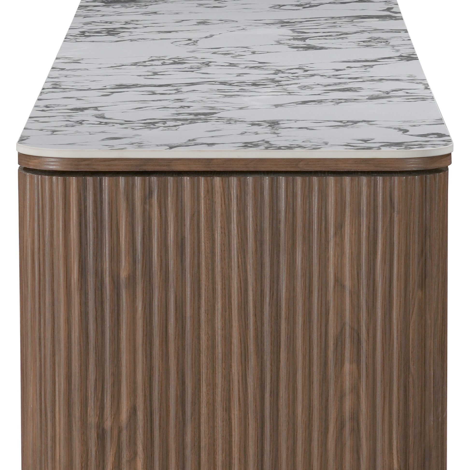 Close-up of the end of a wood cabinet with marble-style top on white background
