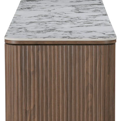 Close-up of the end of a wood cabinet with marble-style top on white background