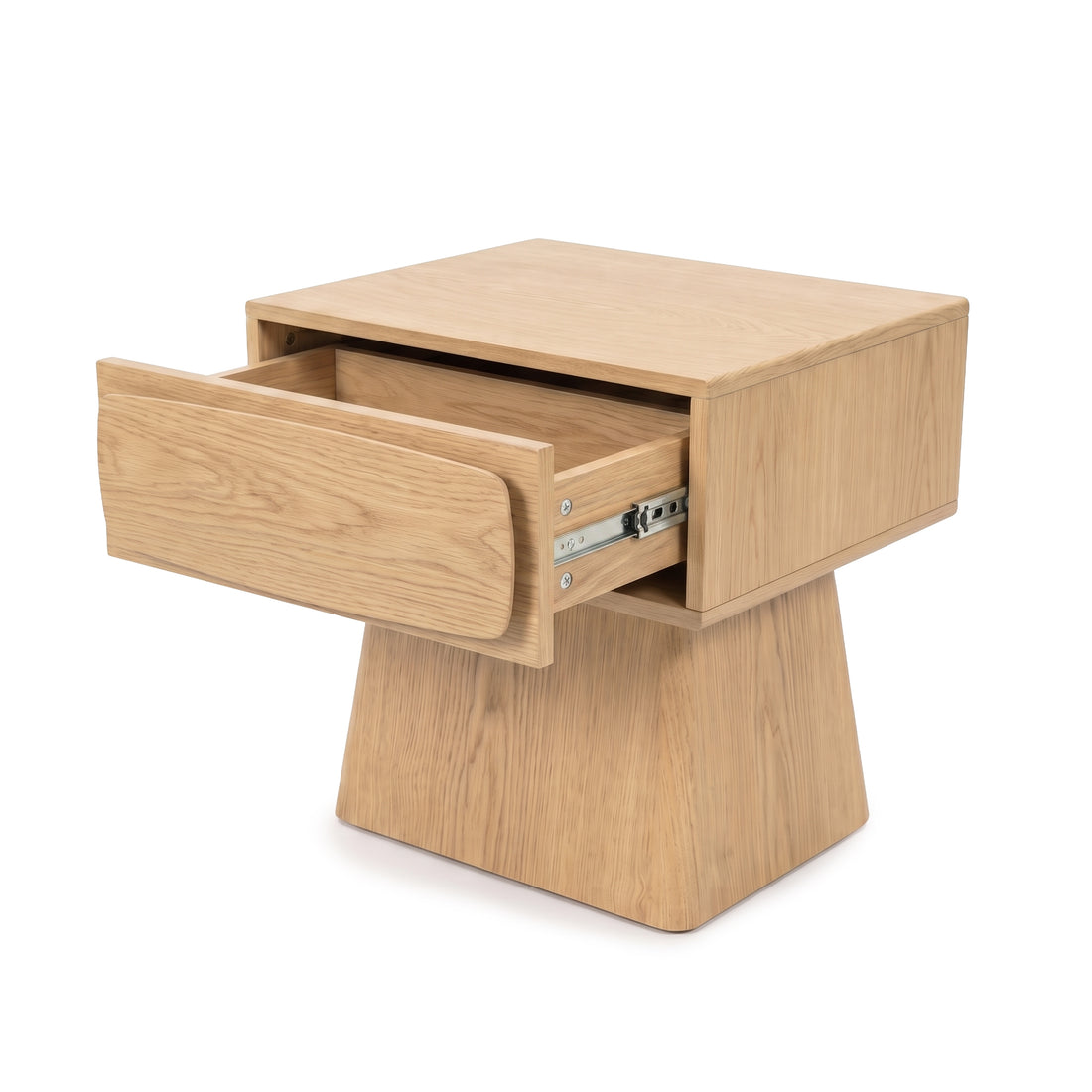 Wooden nightstand with partially open drawer on white background