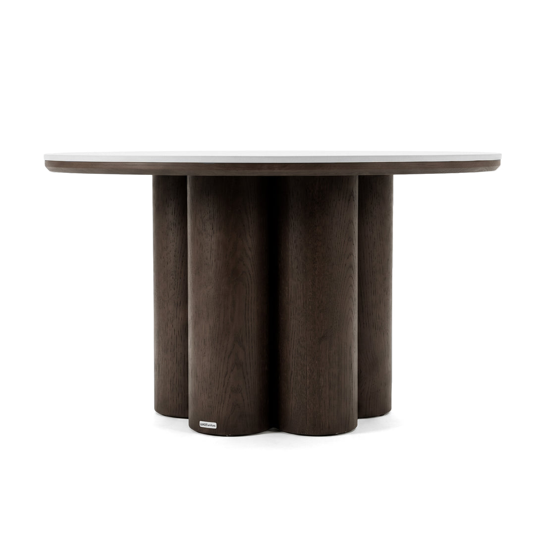 Round dark wood table with a six-column base on a white background