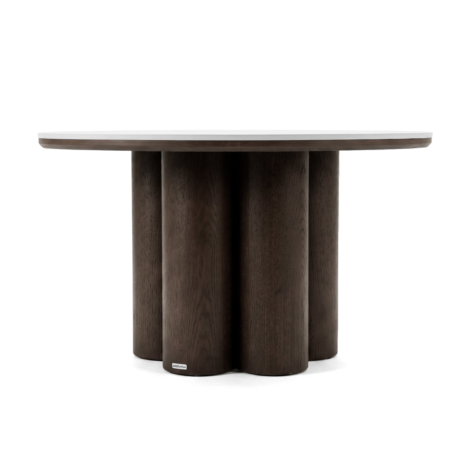 Round dark wood table with a six-column base on a white background