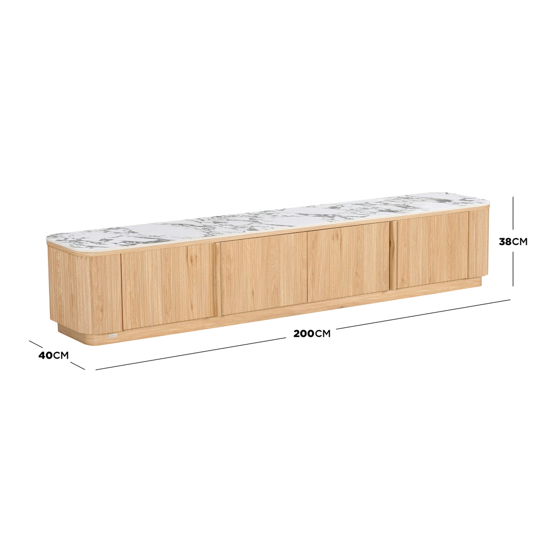 Modern wooden TV stand with marble-effect top on white background showing dimensions 200CM by 40CM by 38CM