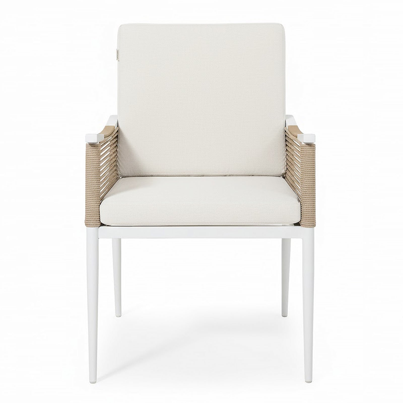 Casara 7 Piece Outdoor Dining Set in White & Beige, featuring a sleek aluminium frame, natural-tan rope armchair detailing, and white cushions, perfect for stylish, comfortable outdoor gatherings.