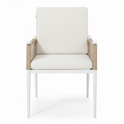 Casara 7 Piece Outdoor Dining Set in White & Beige, featuring a sleek aluminium frame, natural-tan rope armchair detailing, and white cushions, perfect for stylish, comfortable outdoor gatherings.