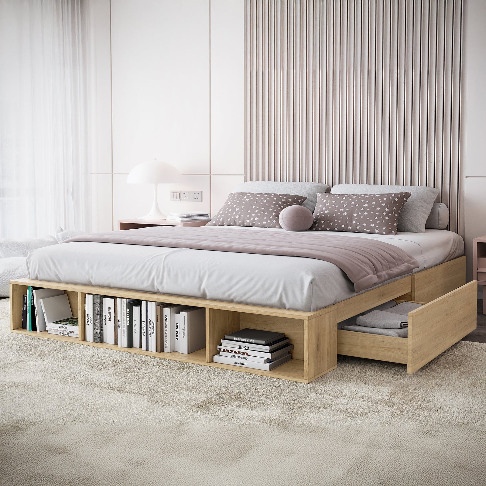 Eulalia King Platform Bed Base with Drawers in Oak features a low design with cubby shelves and a drawer for storage, complemented by a vertical-slatted accent wall and a white bedside lamp.