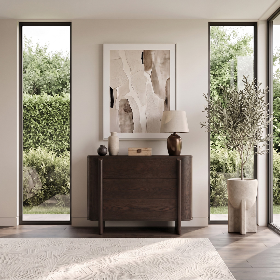 Dark wooden cabinet styled in a bright modern room with windows and decor