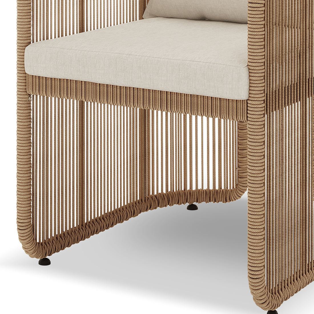 Vellora 4 Seater Wicker Outdoor Dining Set features a light-beige cushion on a tan rope-wrapped frame, showcasing the chair's stylish design for relaxed outdoor seating.