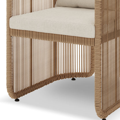 Vellora 4 Seater Wicker Outdoor Dining Set features a light-beige cushion on a tan rope-wrapped frame, showcasing the chair's stylish design for relaxed outdoor seating.