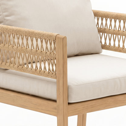 Close-up of woven armrest and cushion on a chair