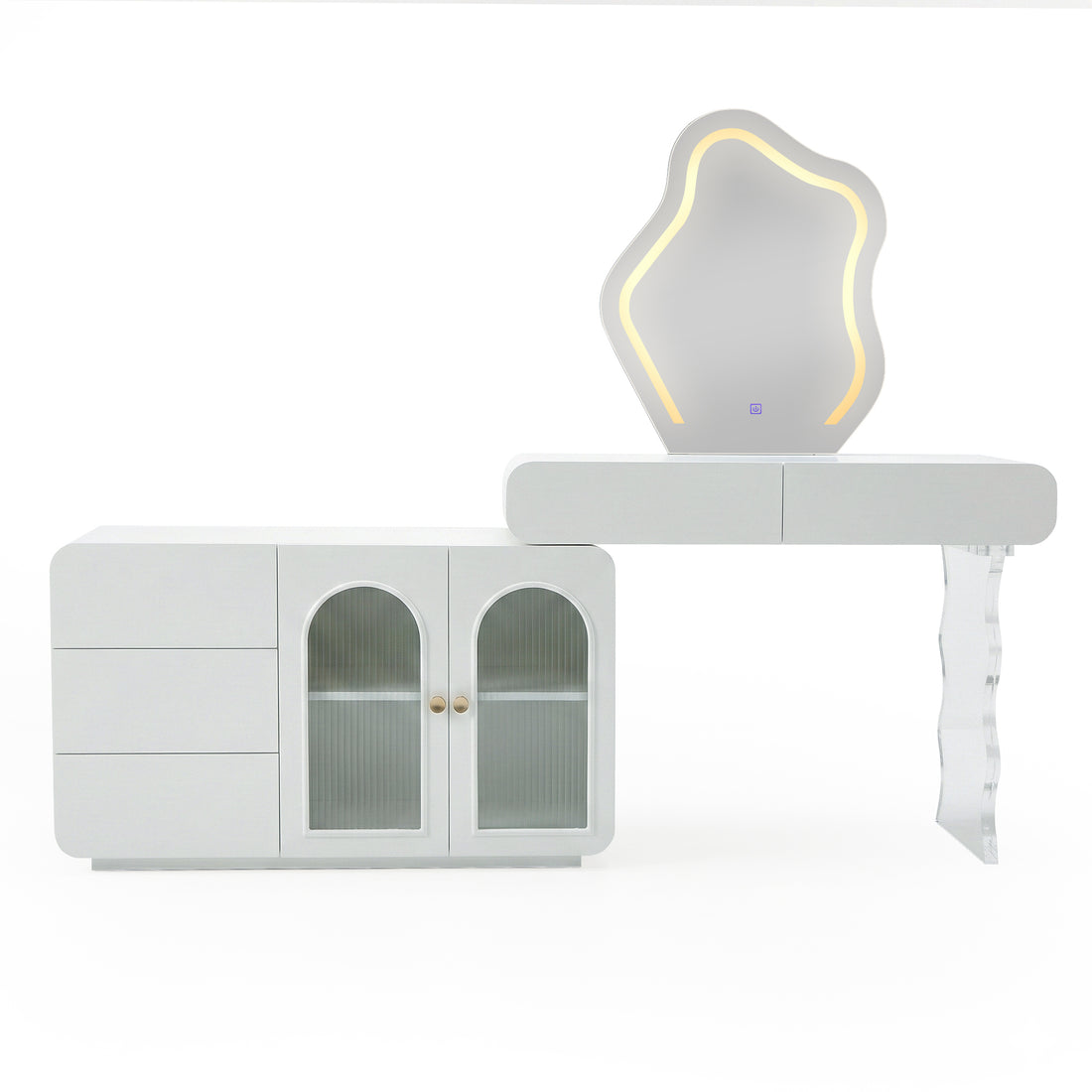 Contemporary white vanity with drawers, glass-front cabinets, and LED mirror on white background