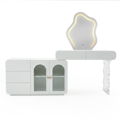 Contemporary white vanity with drawers, glass-front cabinets, and LED mirror on white background