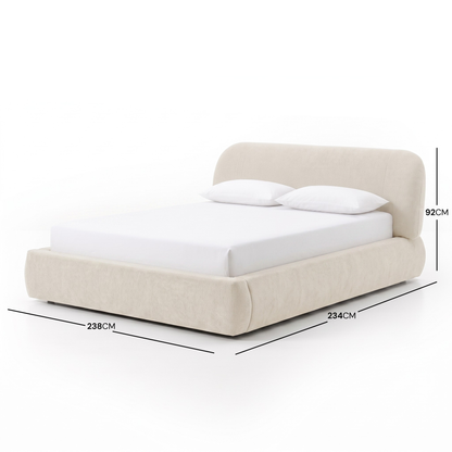 Upholstered bed with dimensions shown on a white background