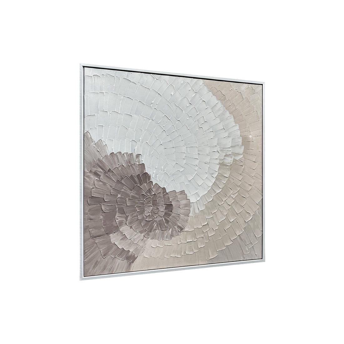 Zendaya Canvas Wall Art 105 x 105cm in White features a textured abstract design with thick brushstrokes forming a spiral pattern, framed in a minimalist white frame, enhancing modern interiors.