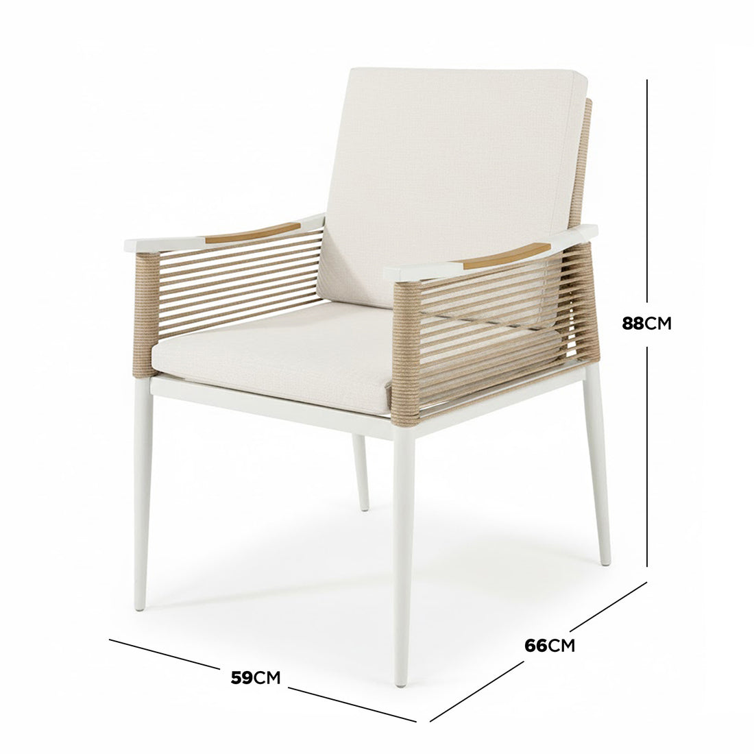Casara 9 Piece Outdoor Dining Set features a sleek white metal frame, tan rope-wrapped armrests, and cream cushions, offering a modern, weather-resistant design for alfresco dining.