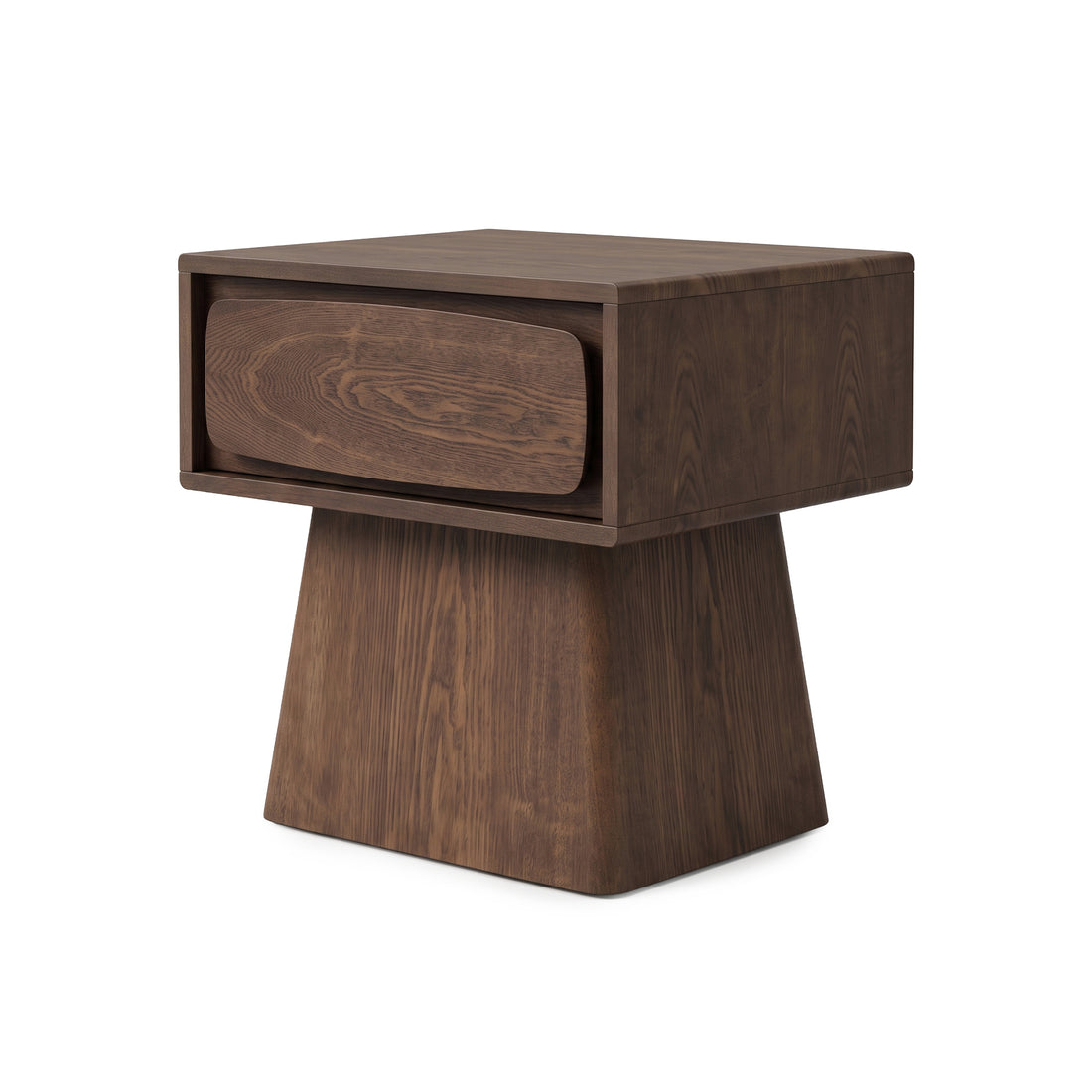 Minimalist wooden side table with one drawer on a white background