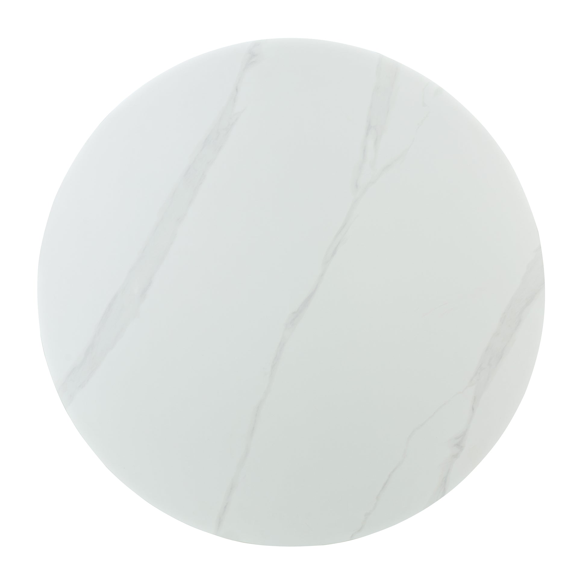 Top view of a round white marble-effect tabletop on a white background