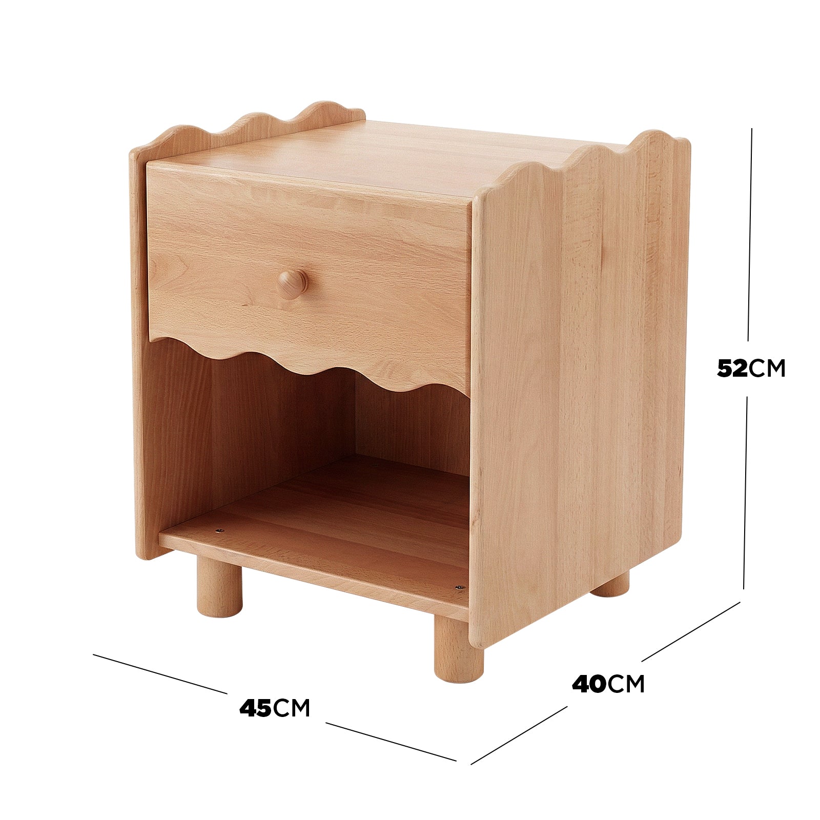 Wooden nightstand with drawer and open shelf showing dimensions on a white background