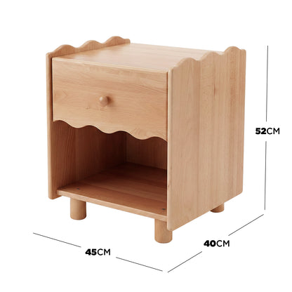 Wooden nightstand with drawer and open shelf showing dimensions on a white background