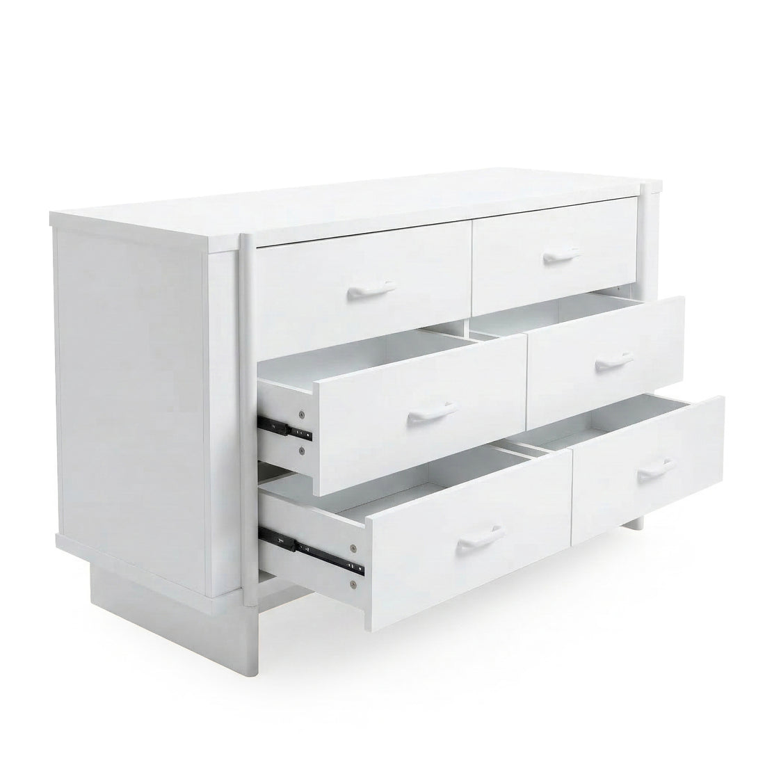 White dresser on white background with drawers partially pulled out