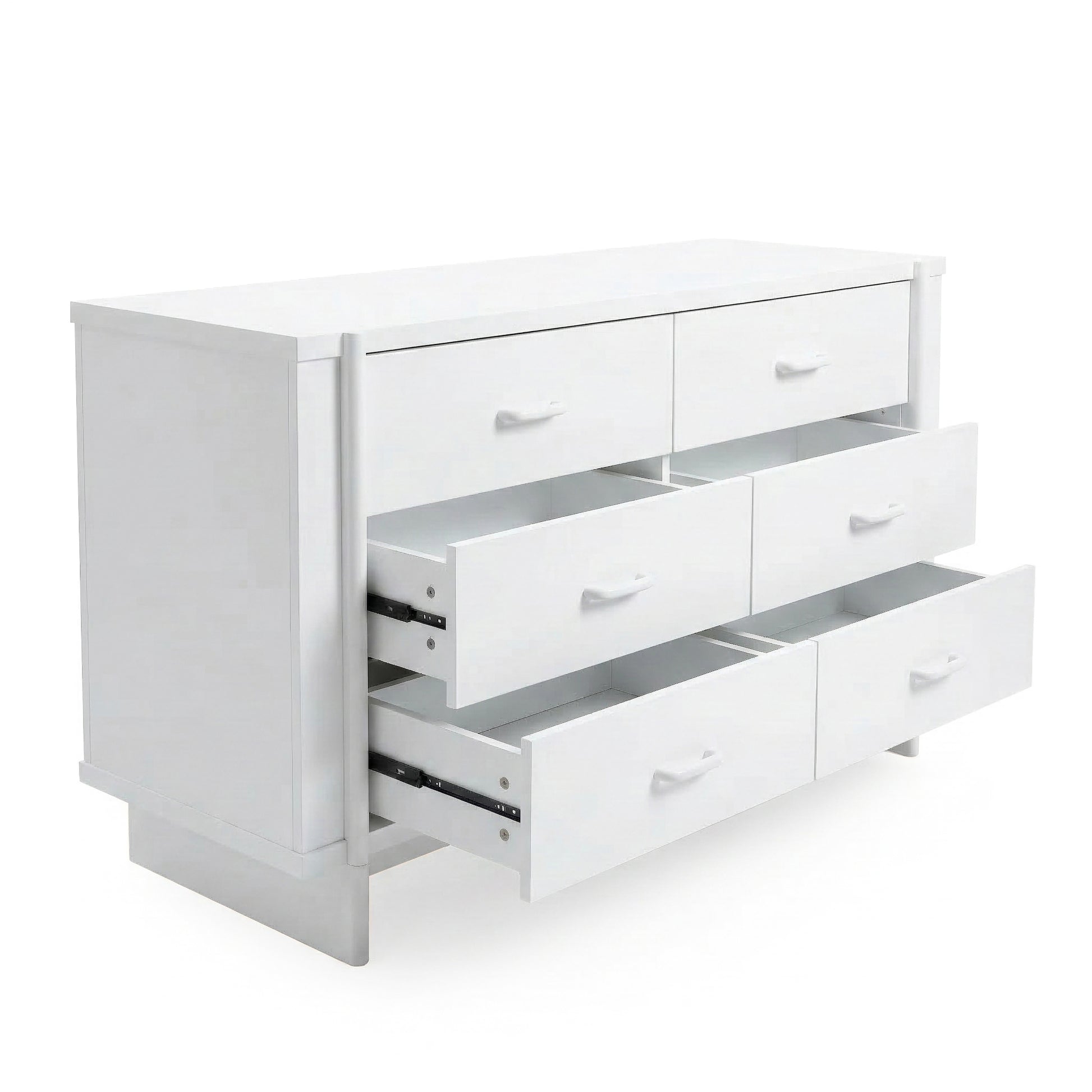 White dresser on white background with drawers partially pulled out