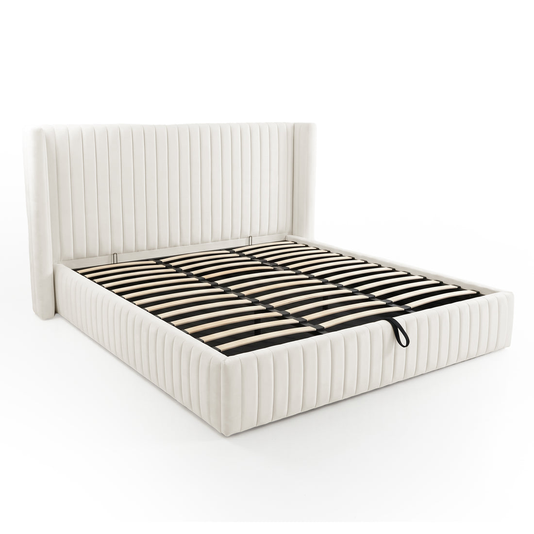 Cream upholstered bed frame with exposed wooden support slats