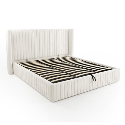 Cream upholstered bed frame with exposed wooden support slats