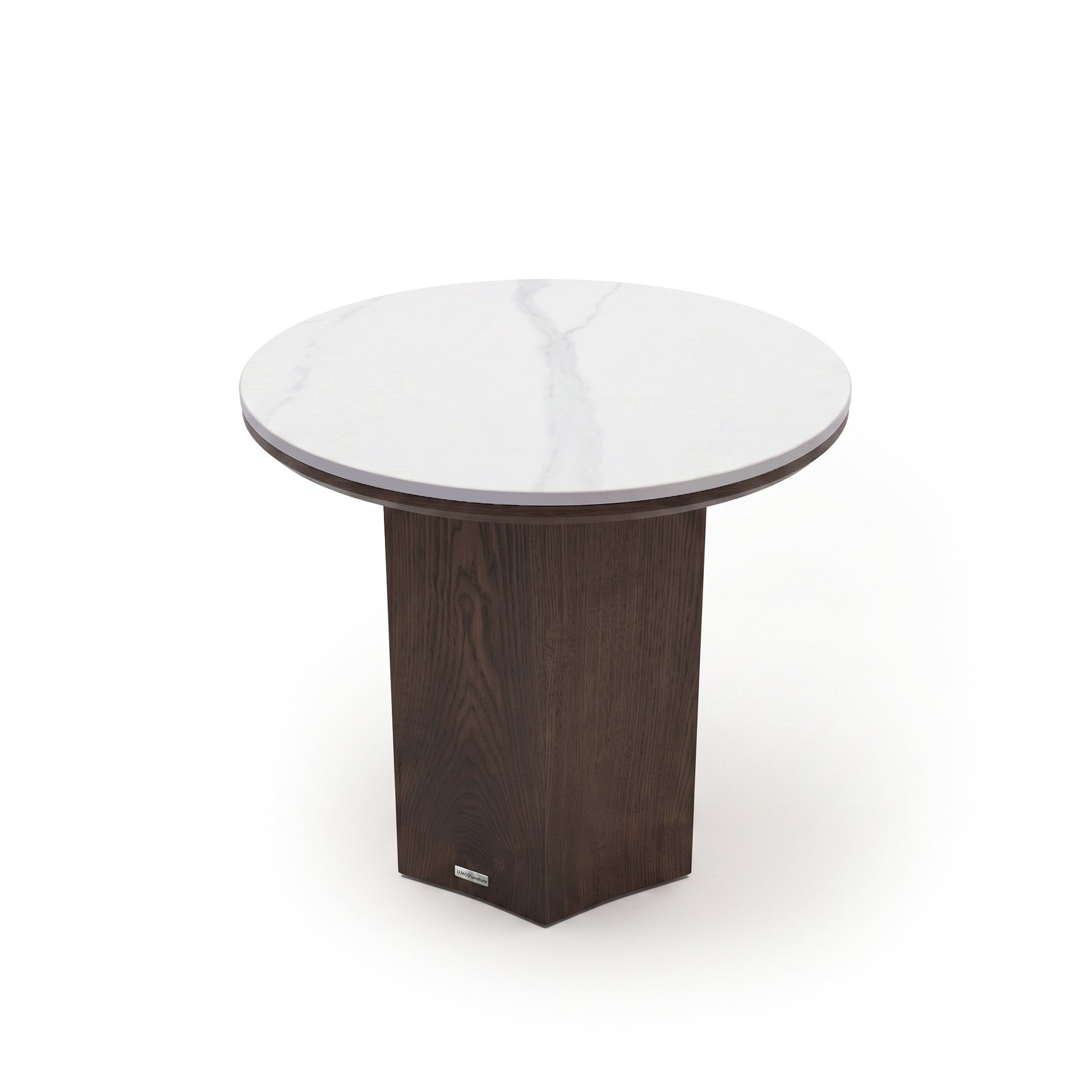Round side table with white marble top and dark wood pedestal base on a white background