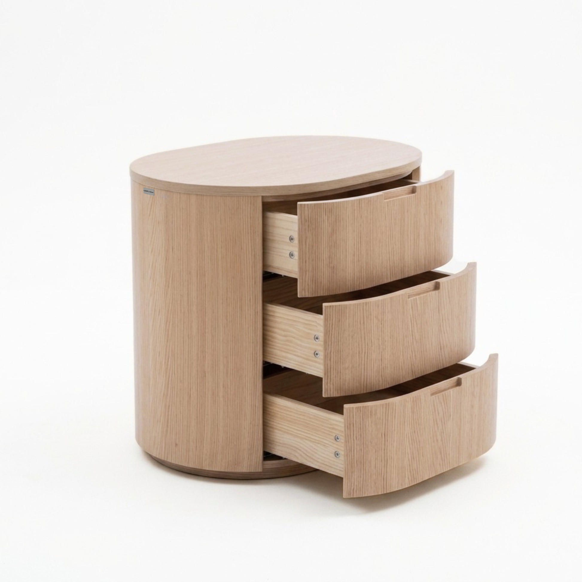 Light wood oval storage cabinet with partially open drawers on a white background