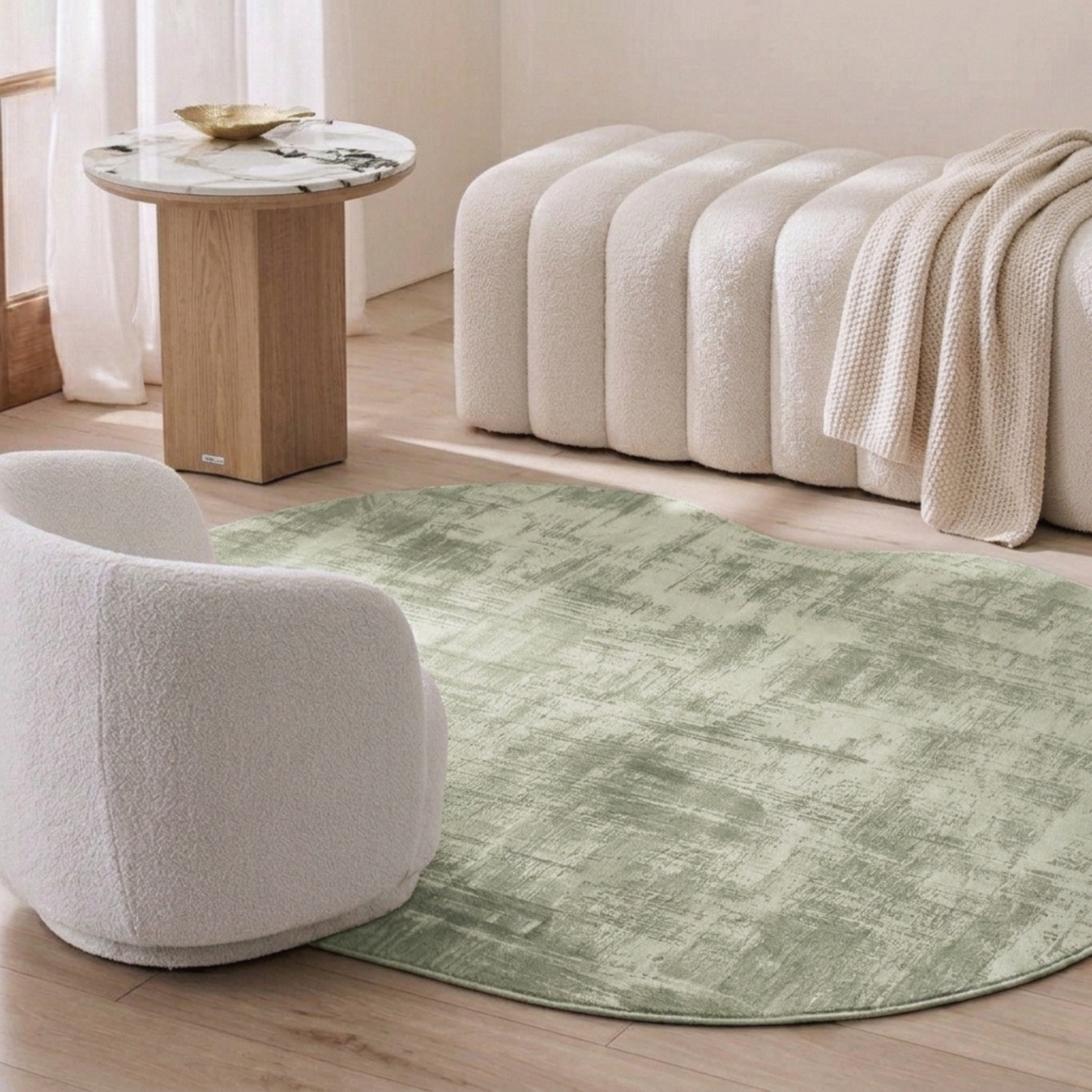 Abstract green rug in a modern furnished room with chair and side table