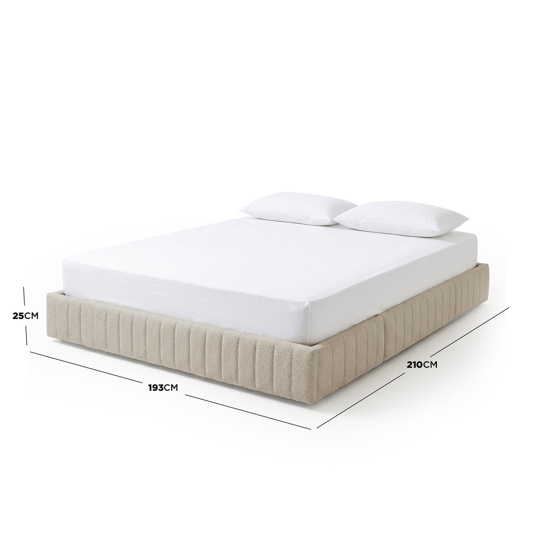 King bed base with mattress, pillows, and dimension annotations on white background