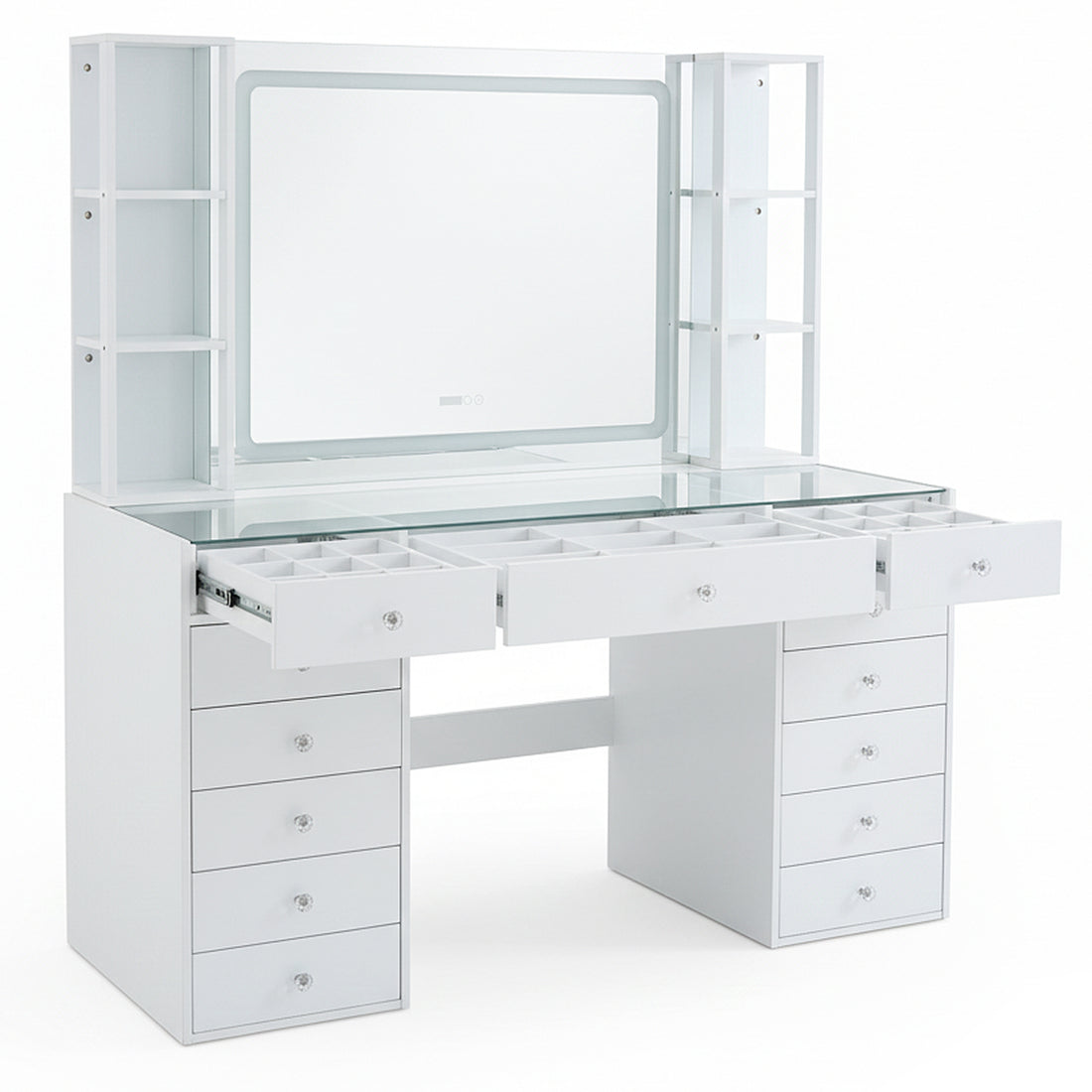 White vanity table with integrated mirror and multiple drawers on white background