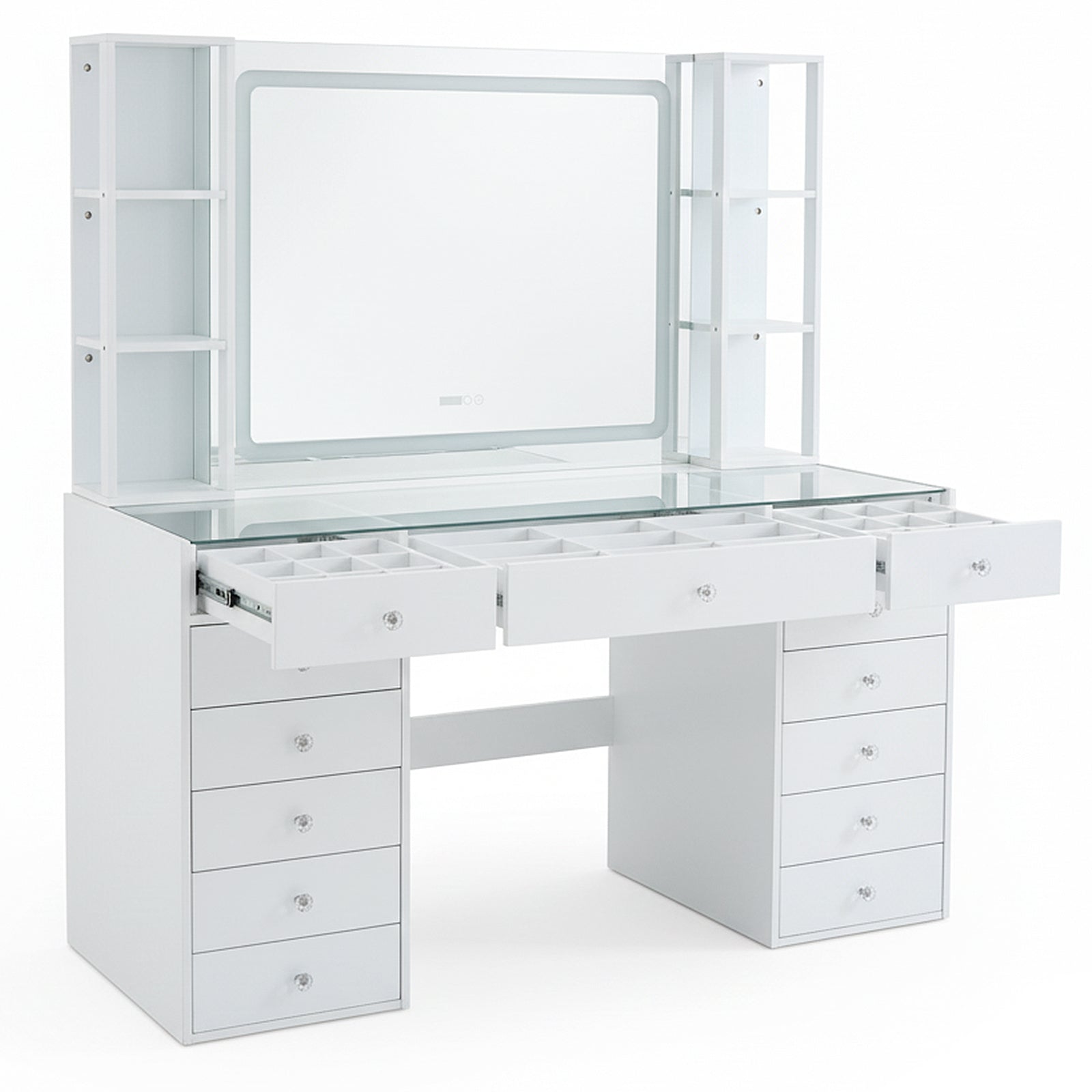White vanity table with integrated mirror and multiple drawers on white background