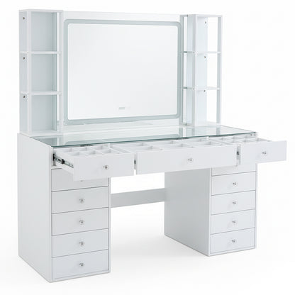 White vanity table with integrated mirror and multiple drawers on white background