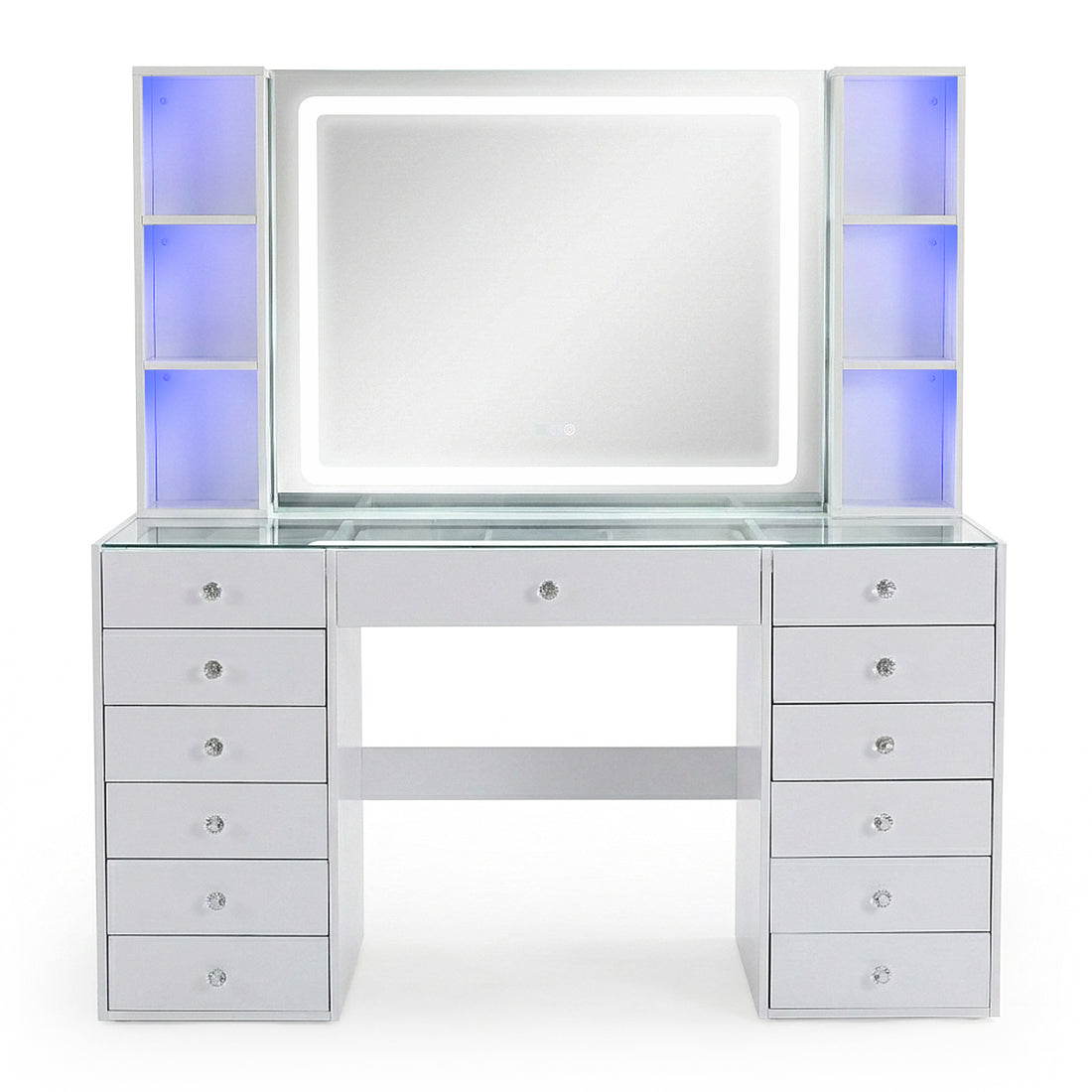 Contemporary LED-lit white vanity table with accent shelving on white background