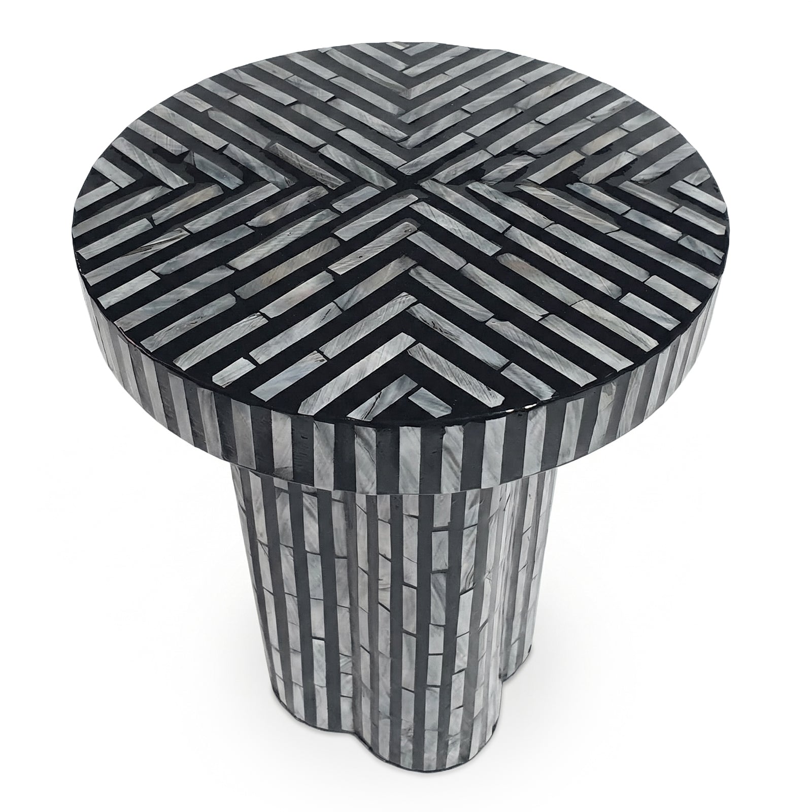 High-angle view of geometric mosaic round side table on white background